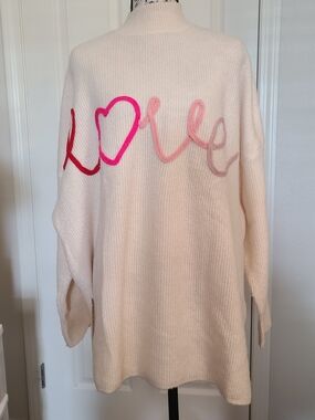 heyday Cream Knit Cowlneck Sweater with Pink & Red 'Love' Script